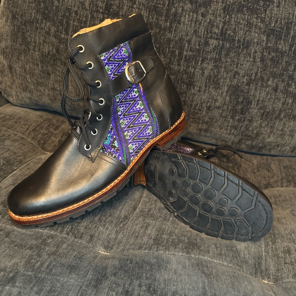 Genuine Black Leather Boots With Purple Woven Textile Side Design, U.S. M’s 14